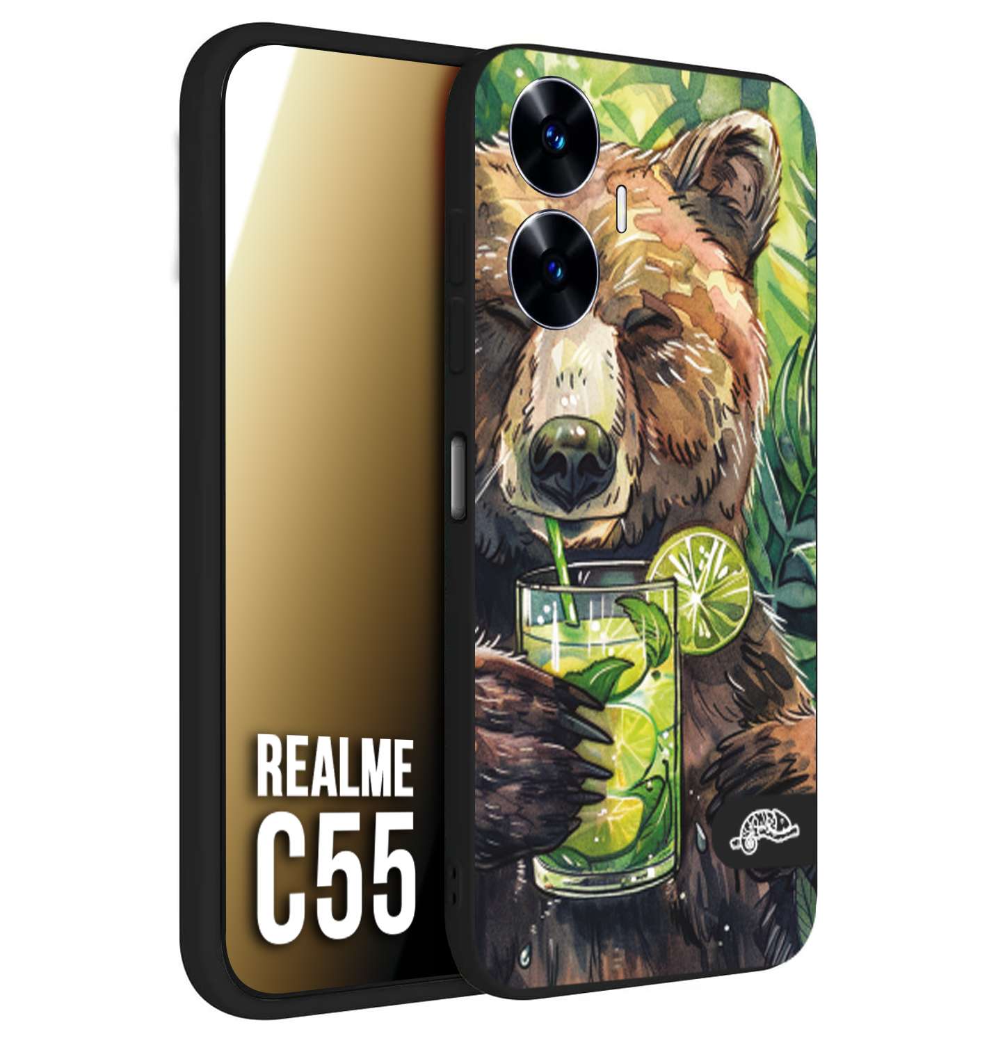 CUSTOMIZZA - Custodia cover nera morbida in tpu compatibile per Oppo C55 estate disegnata cocktails animali simpatici orso bear negroni