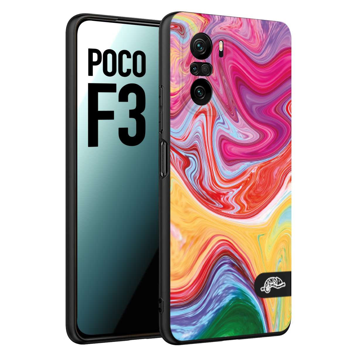 CUSTOMIZZA - Custodia cover nera morbida in tpu compatibile per Xiaomi Poco F3 colorata fantasia vortice marmo onde verde fucsia gialla