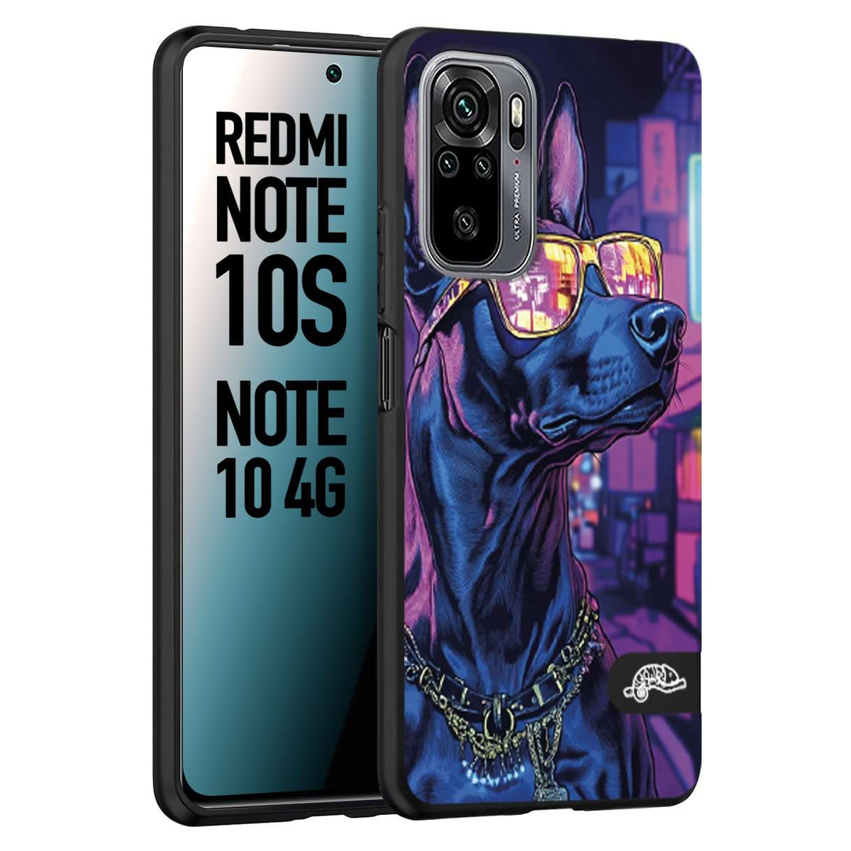CUSTOMIZZA - Custodia cover nera morbida in tpu compatibile per Xiaomi Redmi Note 10S animali cyberpunk dobermann cane street dog fucsia blu night