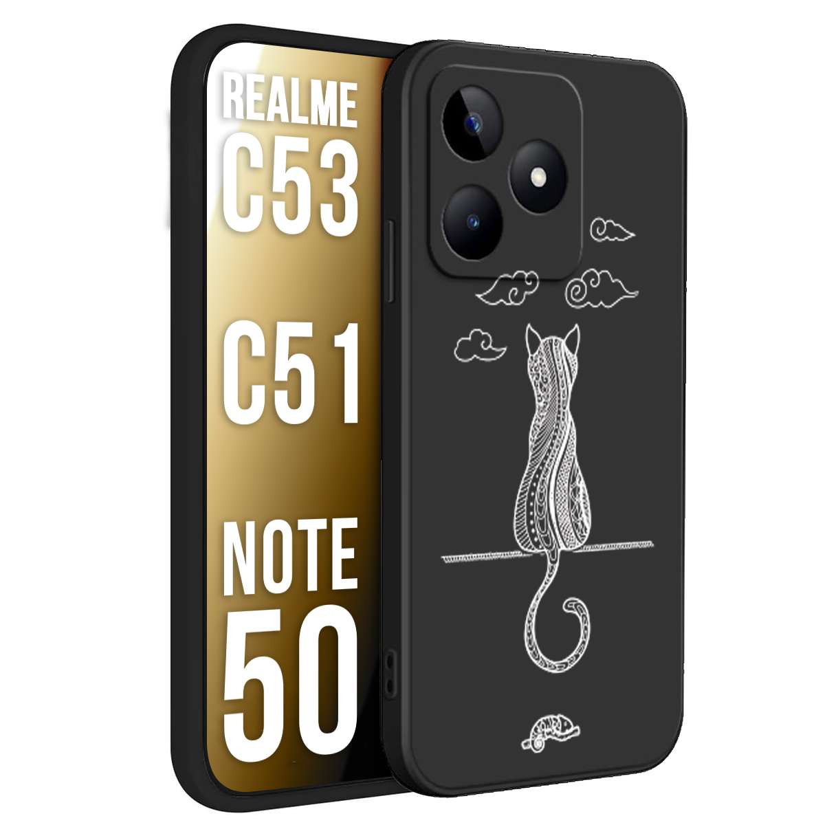 CUSTOMIZZA - Custodia cover nera morbida in tpu compatibile per Oppo Realme C53 - C51 - NOTE 50 gatto mandala stilizzato gattino a rilievo soft touch donna bianca