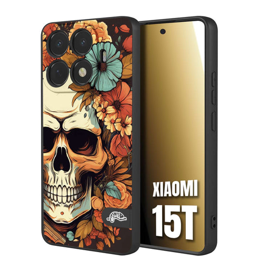 CUSTOMIZZA - Custodia cover nera morbida in tpu compatibile per Xiaomi 15T teschio skull flowers fiori autunnali arancio celeste tattoo
