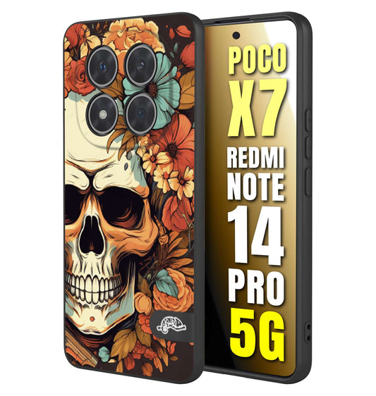 CUSTOMIZZA - Custodia cover nera morbida in tpu compatibile per Xiaomi Redmi Note 14 PRO 5G teschio skull flowers fiori autunnali arancio celeste tattoo