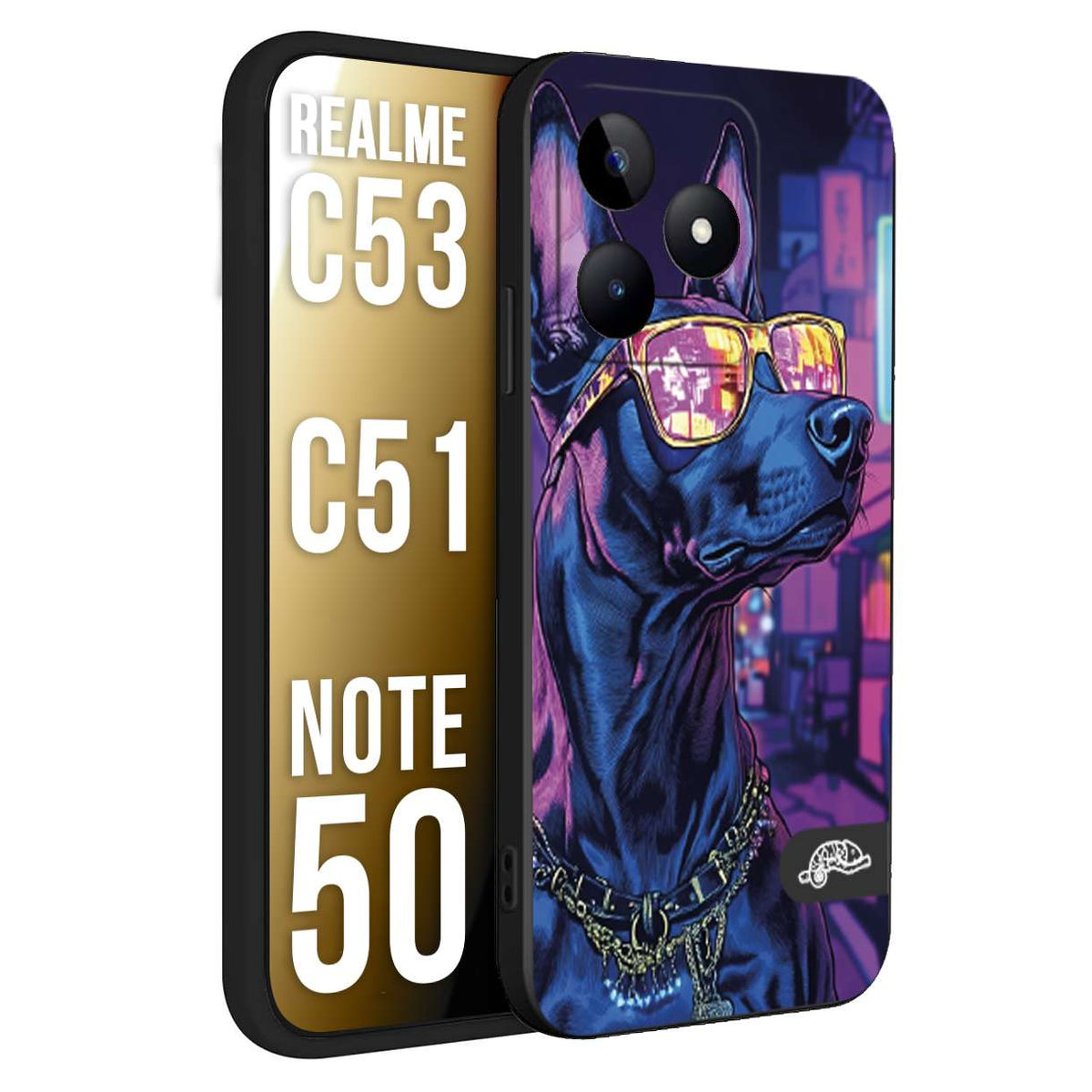 CUSTOMIZZA - Custodia cover nera morbida in tpu compatibile per Realme C53 - C51 - NOTE 50 animali cyberpunk dobermann cane street dog fucsia blu night