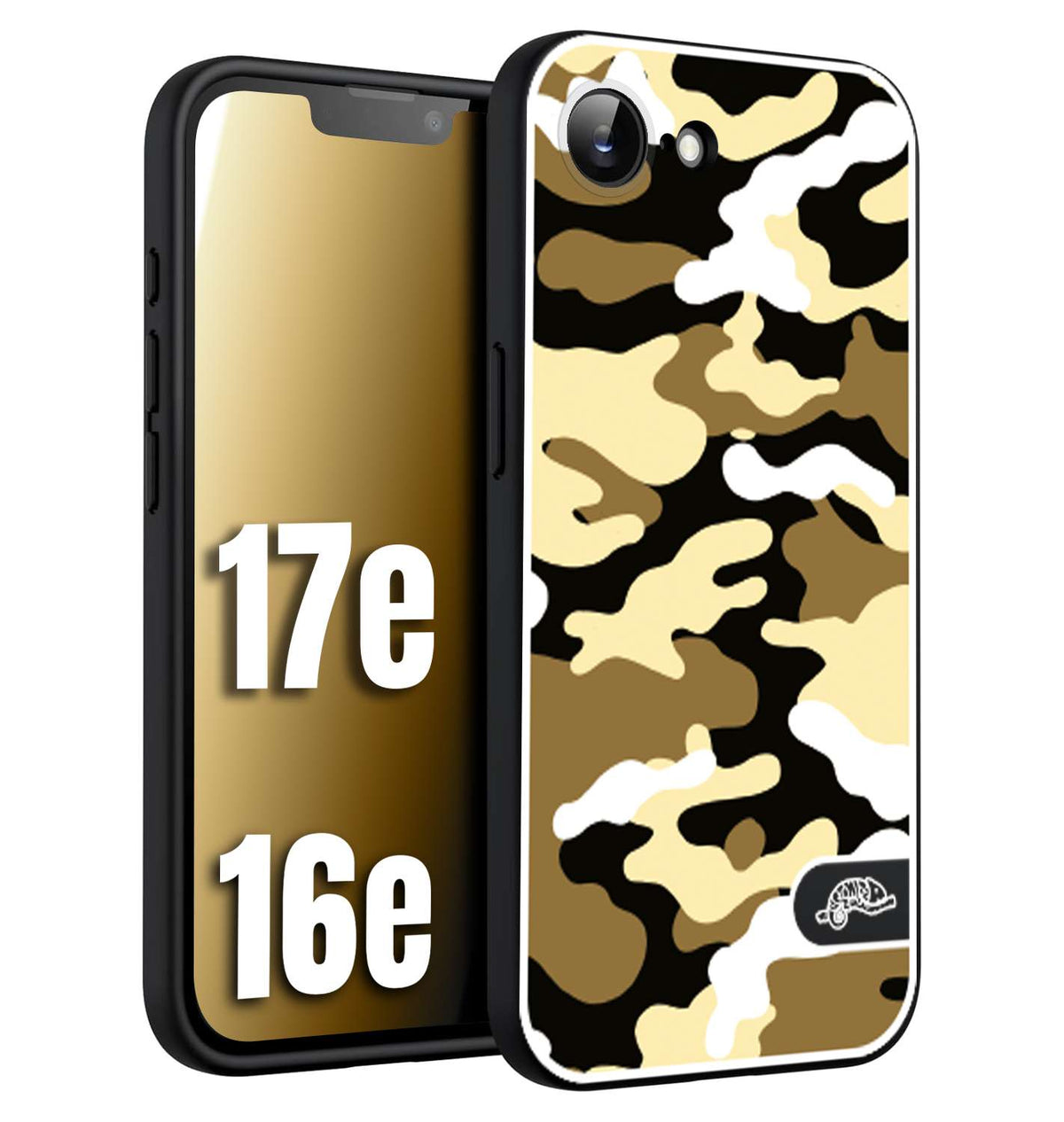CUSTOMIZZA - Custodia cover nera morbida in tpu compatibile per iPhone 16E - 17E camouflage mimetico militare giallo desert brown