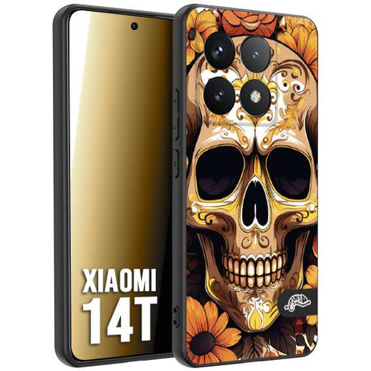 CUSTOMIZZA - Custodia cover nera morbida in tpu compatibile per Xiaomi 14T teschio messicano colorato dorato fiori tattoo disegnato