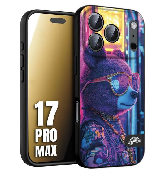 CUSTOMIZZA - Custodia cover nera morbida in tpu compatibile per iPhone 17 PRO MAX animali cyberpunk orsetto orso street bear fucsia blu night