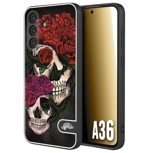 CUSTOMIZZA - Custodia cover nera morbida in tpu compatibile per Samsung A36 teschi e rose rosse fucsia skull and roses