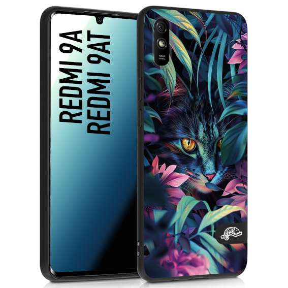 CUSTOMIZZA - Custodia cover nera morbida in tpu compatibile per Xiaomi Redmi 9A - 9AT animali color giungla tropicale occhio di gatto colori vibranti disegnato