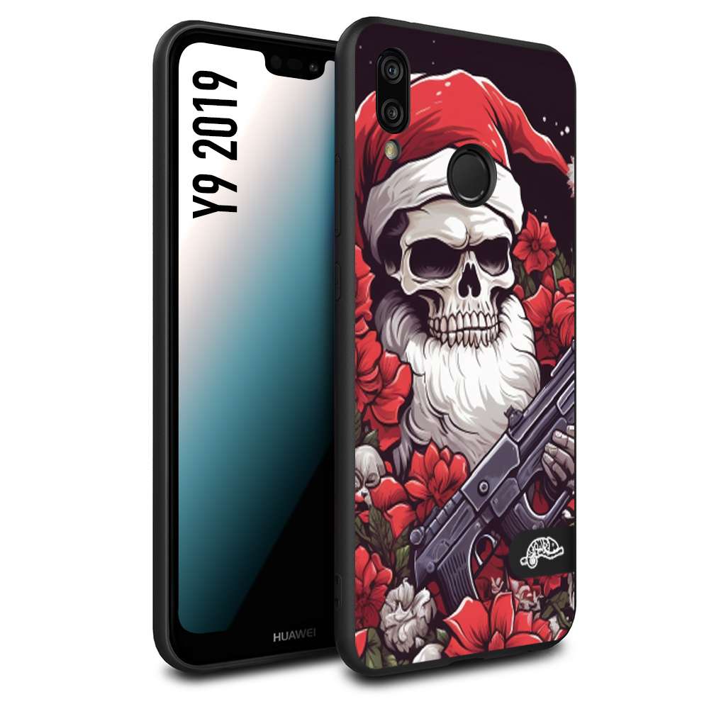 CUSTOMIZZA - Custodia cover nera morbida in tpu compatibile per Huawei Y9 2019 teschio natale santa claus fiori tattoo disegnato