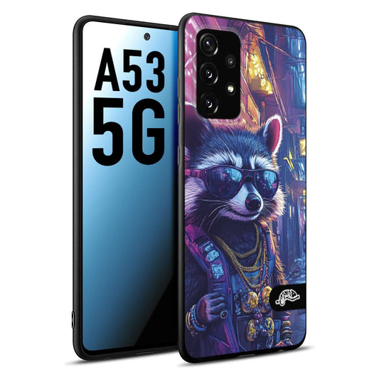 CUSTOMIZZA - Custodia cover nera morbida in tpu compatibile per Samsung A53 5G animali simpatici cyberpunk procione racoon street cat fucsia blu giallo