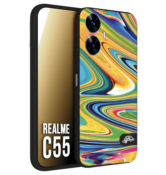 CUSTOMIZZA - Custodia cover nera morbida in tpu compatibile per Realme C55 colorata fantasia vortice marmo arcobaleno gialla verde blu