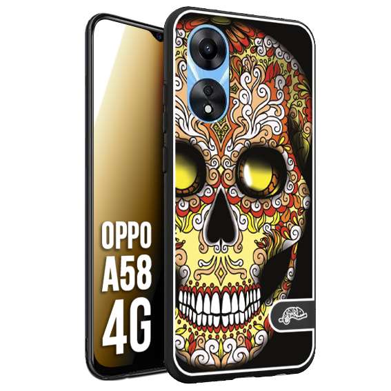 CUSTOMIZZA - Custodia cover nera morbida in tpu compatibile per Oppo A58 4G teschio messicano Mexican skull giallo rosso arancio