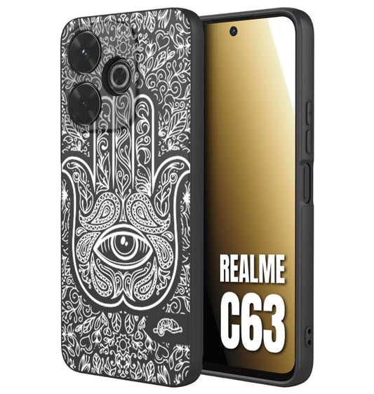 CUSTOMIZZA - Custodia cover nera morbida in tpu compatibile per Realme C63 mano di fatima effetto rilievo mandala donna