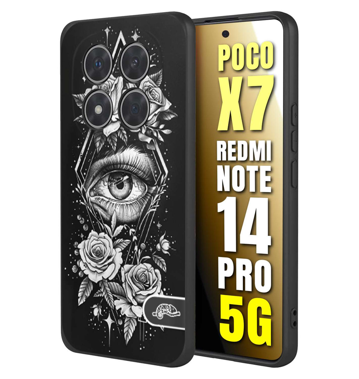 CUSTOMIZZA - Custodia cover nera morbida in tpu compatibile per Xiaomi Redmi Note 14 PRO 5G occhio fiori rombo geometrico black and white bianco a rilievo disegnato tattoo tatuaggio