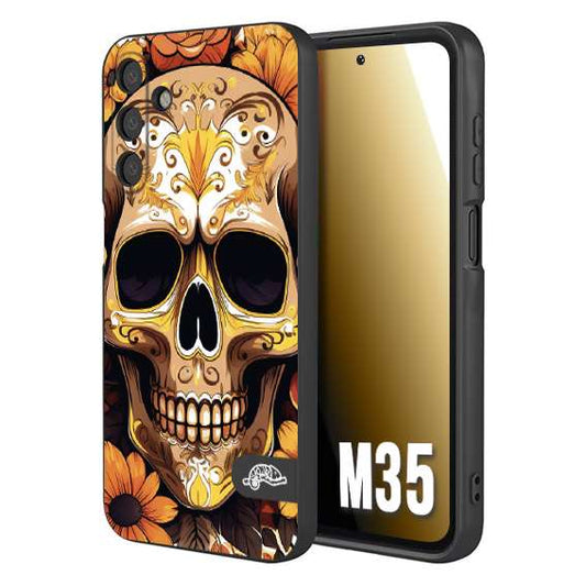 CUSTOMIZZA - Custodia cover nera morbida in tpu compatibile per Samsung M35 teschio messicano colorato dorato fiori tattoo disegnato