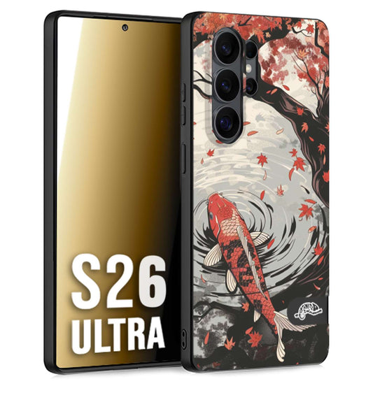 CUSTOMIZZA - Custodia cover nera morbida in tpu compatibile per Samsung S26 ULTRA giapponese lago carpa koi rossa con foglie d'acero rosso disegnata tattoo
