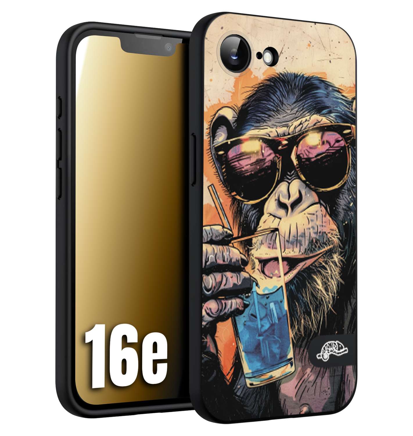 CUSTOMIZZA - Custodia cover nera morbida in tpu compatibile per iPhone 16E estate disegnata cocktails animali simpatici scimmia monkey negroni