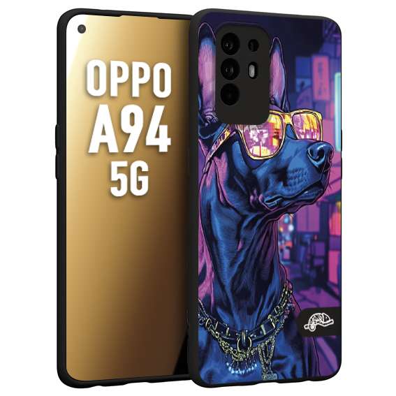 CUSTOMIZZA - Custodia cover nera morbida in tpu compatibile per Oppo A94 5G animali cyberpunk dobermann cane street dog fucsia blu night