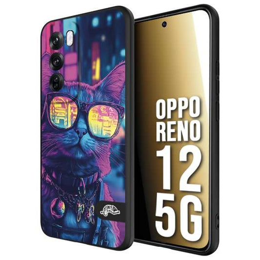 CUSTOMIZZA - Custodia cover nera morbida in tpu compatibile per Oppo Reno 12 5G animali cyberpunk gatto street cat fucsia blu giallo