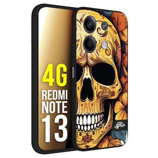 CUSTOMIZZA - Custodia cover nera morbida in tpu compatibile per Xiaomi Redmi Note 13 4G teschio messicano colorato dorato fiori autunnali disegnato