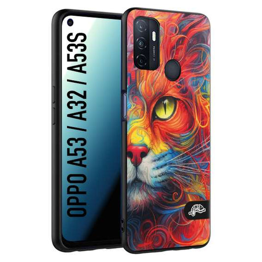 CUSTOMIZZA - Custodia cover nera morbida in tpu compatibile per Oppo A53 - A32 - A53S animali color cat gatto viso colori vibranti disegnato schizzo