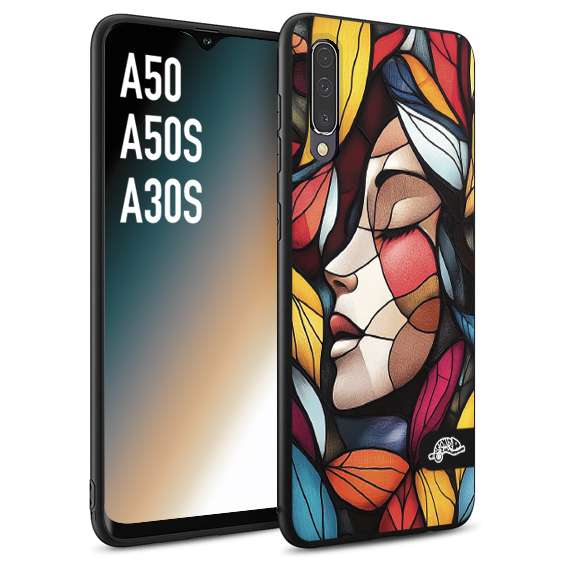 CUSTOMIZZA - Custodia cover nera morbida in tpu compatibile per Samsung A50 - A50S - A30S Vetrata artistica volto di donna profilo fogliare mosaico di vetro colorato