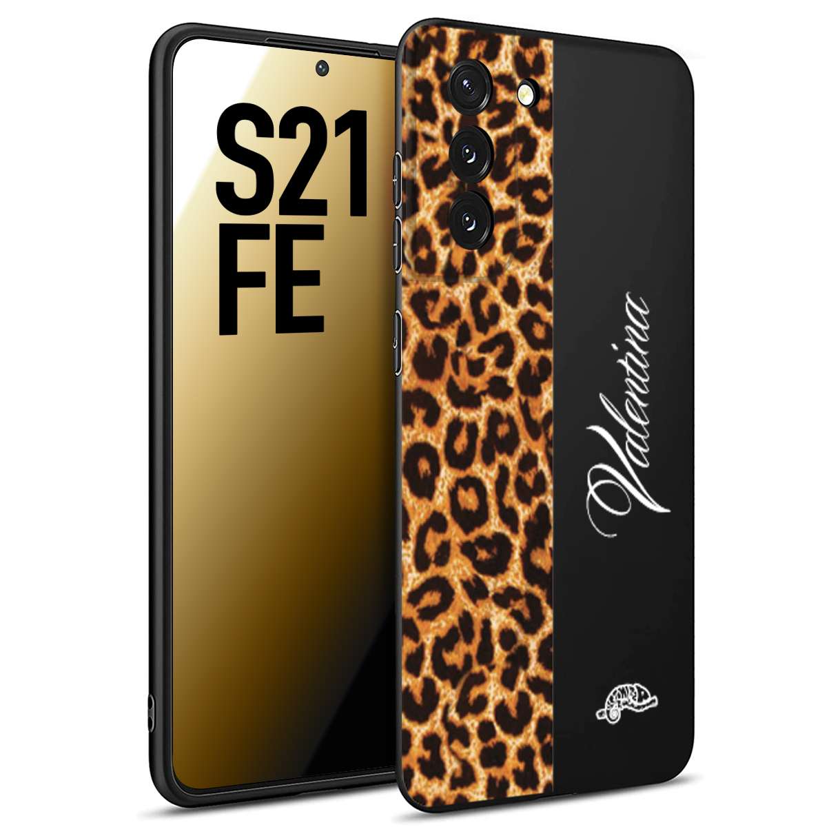 CUSTOMIZZA - Custodia cover nera morbida in tpu compatibile per Samsung S21 FE custom nome scritta leopardato maculato donna marrone leopard