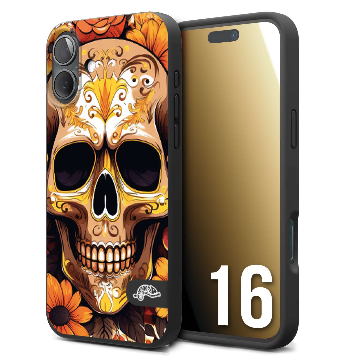 CUSTOMIZZA - Custodia cover nera morbida in tpu compatibile per iPhone 16 teschio messicano colorato dorato fiori tattoo disegnato