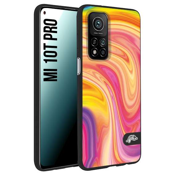 CUSTOMIZZA - Custodia cover nera morbida in tpu compatibile per Xiaomi Mi 10T PRO colorata fantasia vortice marmo onde rosa fucsia gialla