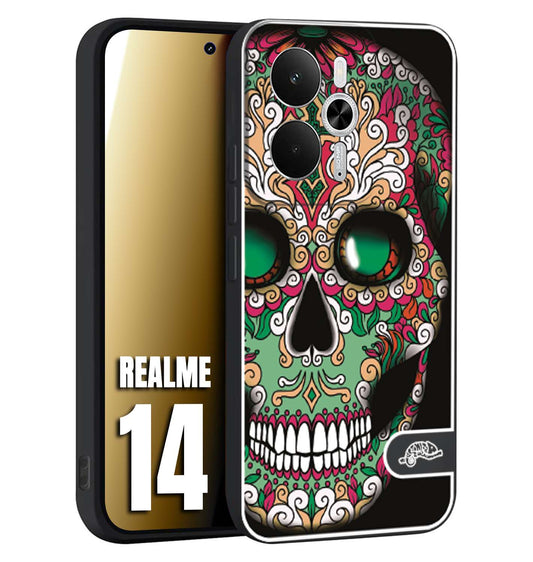 CUSTOMIZZA - Custodia cover nera morbida in tpu compatibile per Realme 14 5G teschio messicano Mexican skull verde fucsia