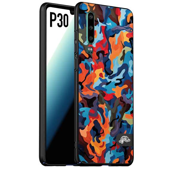 CUSTOMIZZA - Custodia cover nera morbida in tpu compatibile per Huawei P30 camouflage mimetico militare moderno blu arancio rosso