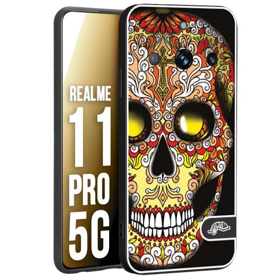 CUSTOMIZZA - Custodia cover nera morbida in tpu compatibile per Oppo Realme 11 PRO 5G teschio messicano Mexican skull giallo rosso arancio