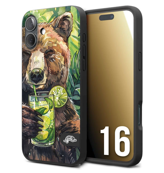 CUSTOMIZZA - Custodia cover nera morbida in tpu compatibile per iPhone 16 estate disegnata cocktails animali simpatici orso bear negroni