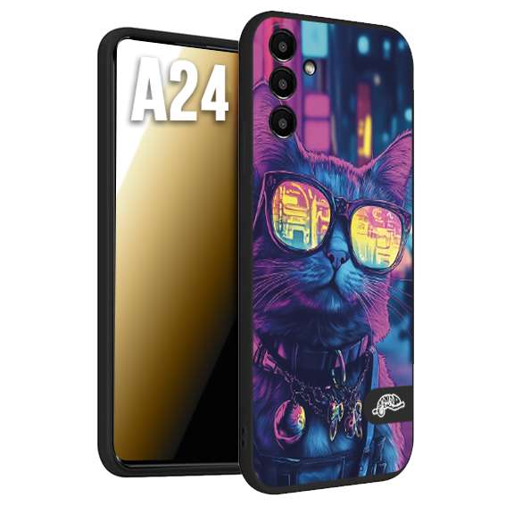 CUSTOMIZZA - Custodia cover nera morbida in tpu compatibile per Samsung A24 animali cyberpunk gatto street cat fucsia blu giallo