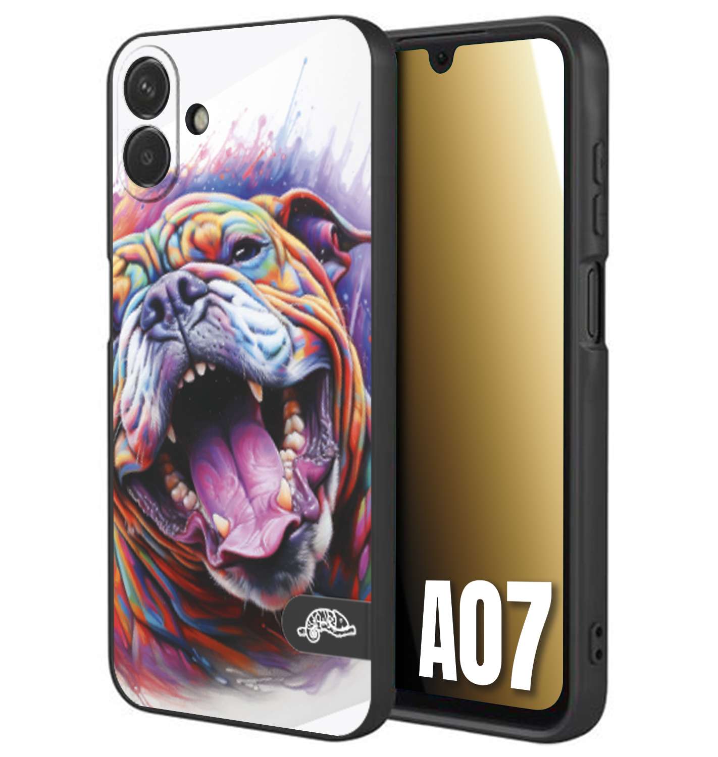CUSTOMIZZA - Custodia cover nera morbida in tpu compatibile per Samsung A07 animali color bulldog cane dog colori vibranti disegnato schizzo