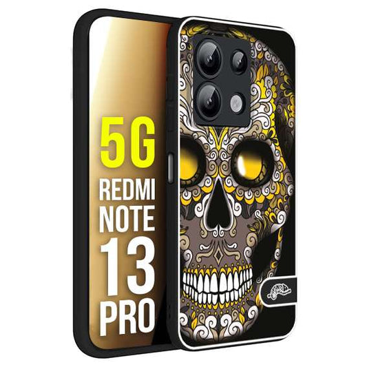 CUSTOMIZZA - Custodia cover nera morbida in tpu compatibile per Xiaomi Redmi Note 13 PRO 5G teschio messicano Mexican skull nero giallo