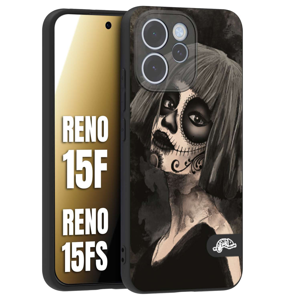 CUSTOMIZZA - Custodia cover nera morbida in tpu compatibile per Oppo Reno 15 F - Reno 15 FS chicana messicana dea de la muerte donna santa tattoo disegnata
