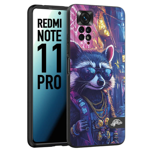 CUSTOMIZZA - Custodia cover nera morbida in tpu compatibile per Xiaomi Redmi Note 11 PRO animali simpatici cyberpunk procione racoon street cat fucsia blu giallo
