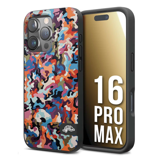 CUSTOMIZZA - Custodia cover nera morbida in tpu compatibile per iPhone 16 PRO MAX camouflage mimetico militare moderno blu arancio rosa