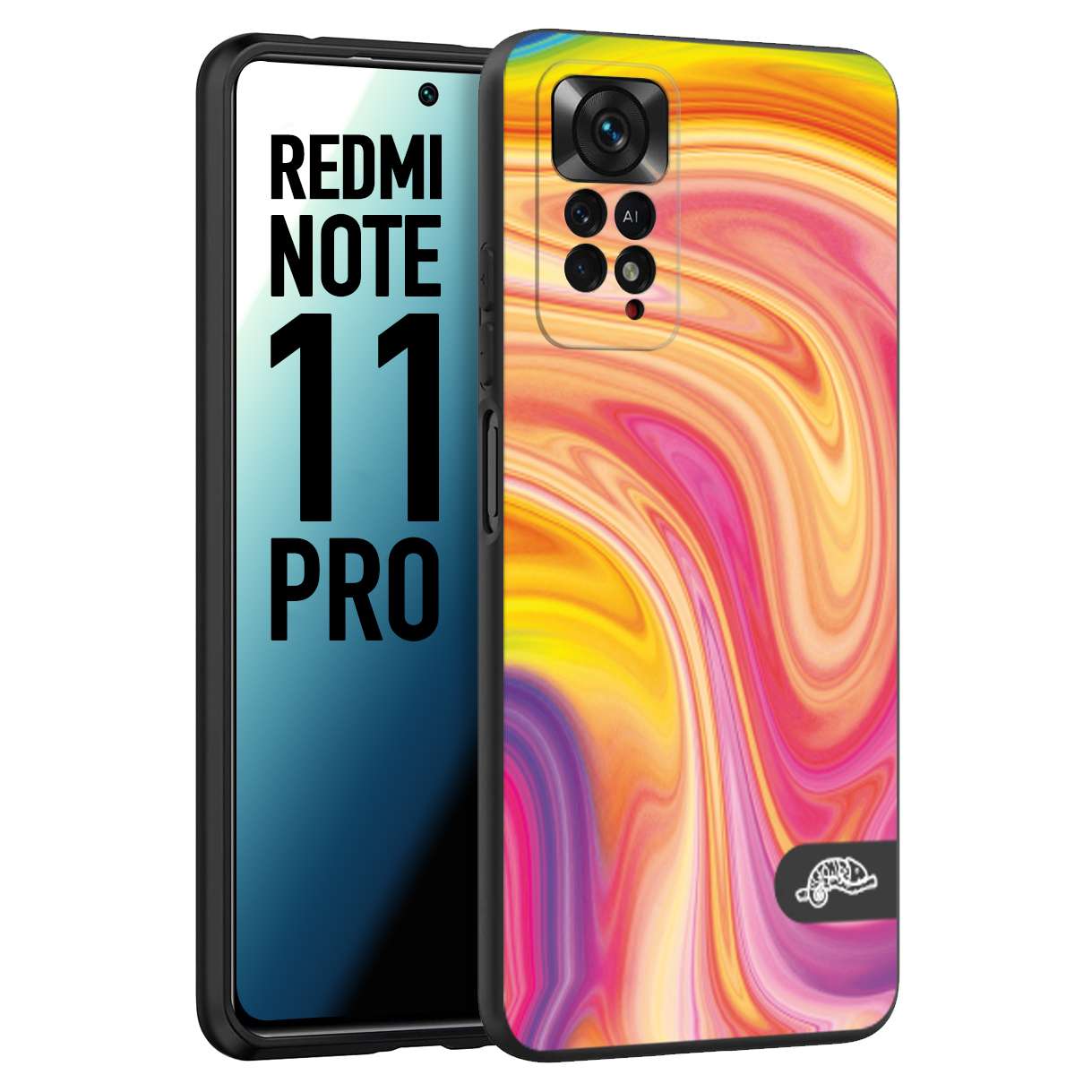 CUSTOMIZZA - Custodia cover nera morbida in tpu compatibile per Xiaomi Redmi Note 11 PRO colorata fantasia vortice marmo onde rosa fucsia gialla