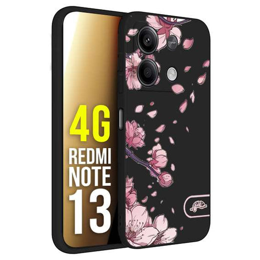 CUSTOMIZZA - Custodia cover nera morbida in tpu compatibile per Xiaomi Redmi Note 13 4G giapponese fiori di ciliegio in fiore a rilievo disegnata tattoo