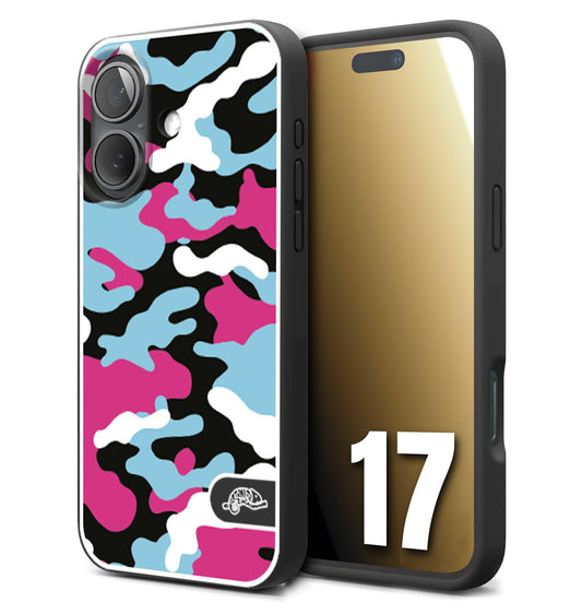 CUSTOMIZZA - Custodia cover nera morbida in tpu compatibile per iPhone 17 camouflage mimetico militare fucsia celeste