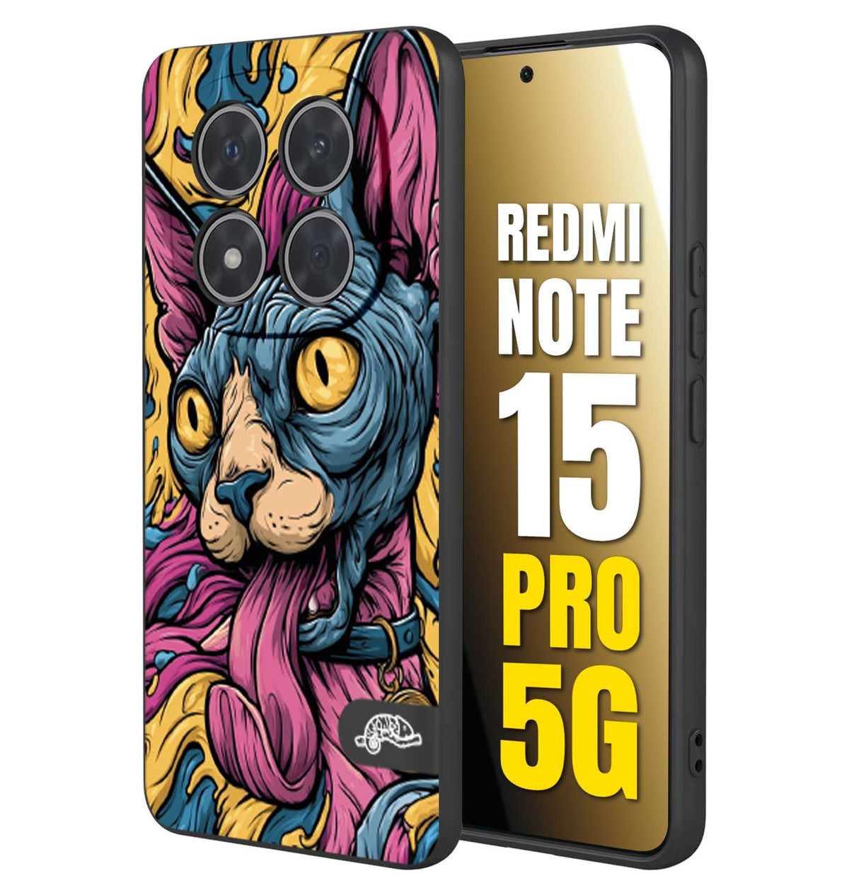 CUSTOMIZZA - Custodia cover nera morbida in tpu compatibile per Xiaomi Redmi Note 15 PRO 5G Sphynx Colorato Pop Art Psichedelico Gatto Blu Rosa Giallo Artistica Fantasy