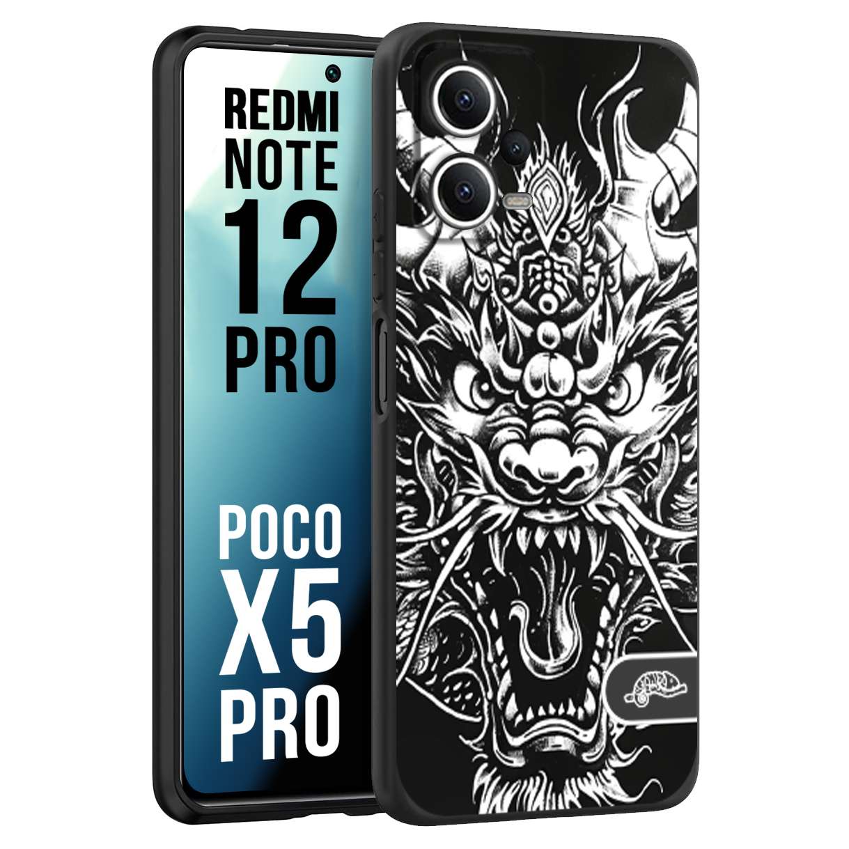 CUSTOMIZZA - Custodia cover nera morbida in tpu compatibile per Xiaomi Redmi Note 12 PRO - POCO X5 PRO drago black and white bianco a rilievo disegnato tattoo tatuaggio