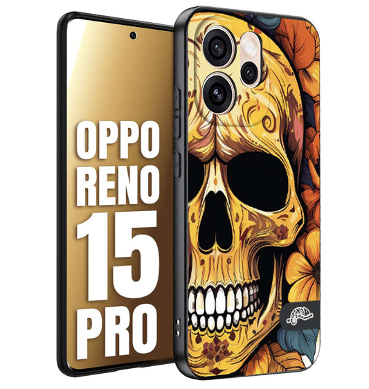 CUSTOMIZZA - Custodia cover nera morbida in tpu compatibile per Oppo Reno 15 PRO teschio messicano colorato dorato fiori autunnali disegnato