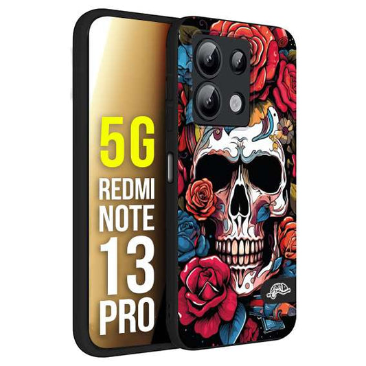 CUSTOMIZZA - Custodia cover nera morbida in tpu compatibile per Xiaomi Redmi Note 13 PRO 5G teschio skull flowers fiori rose rosse tattoo disegnato