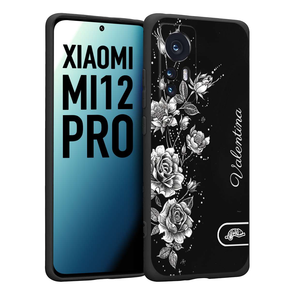 CUSTOMIZZA - Custodia cover nera morbida in tpu compatibile per Xiaomi 12 PRO a rilievo soft touch personalizzata nome rose fiori donna