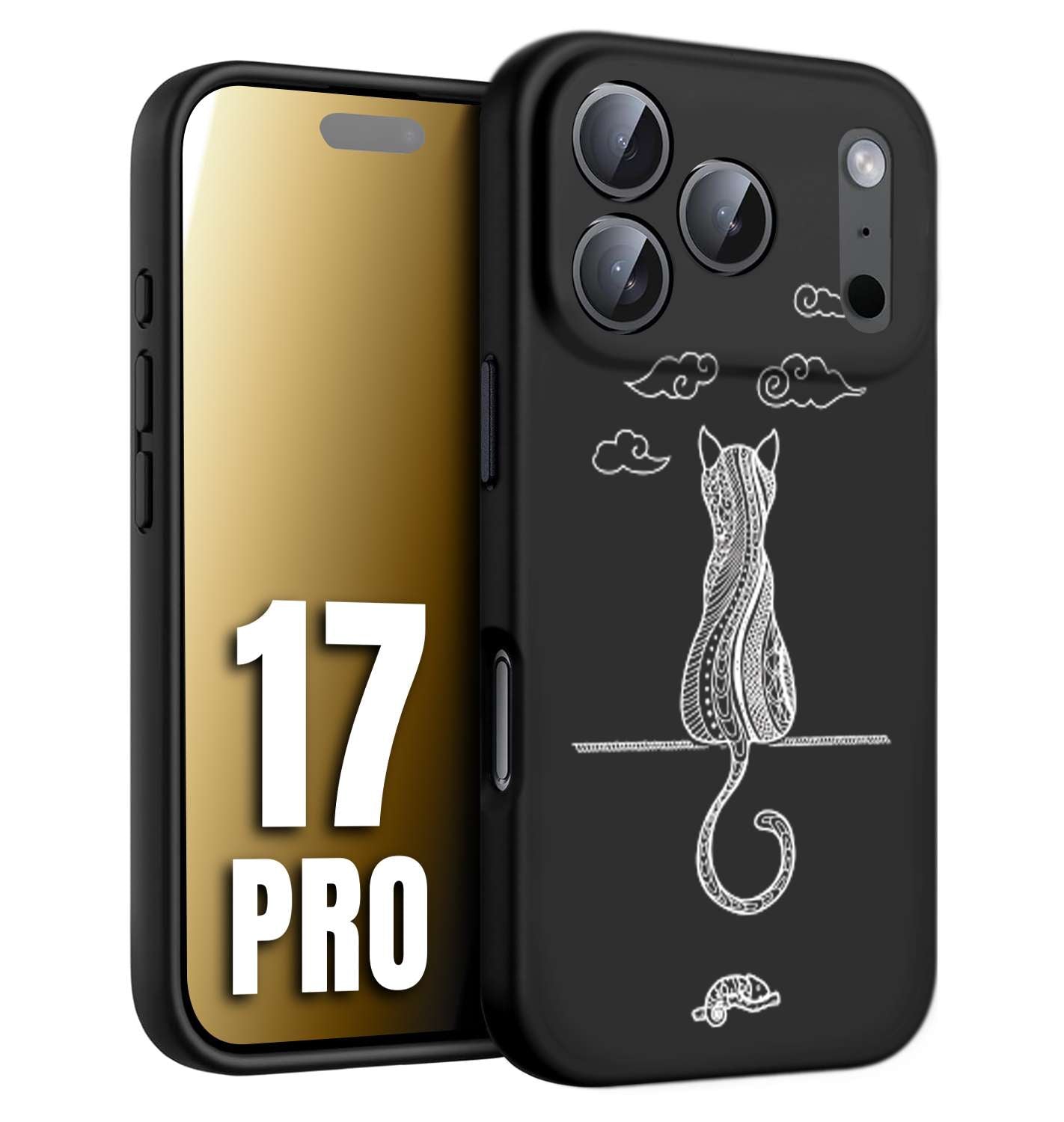 CUSTOMIZZA - Custodia cover nera morbida in tpu compatibile per iPhone 17 PRO gatto mandala stilizzato gattino a rilievo soft touch donna bianca