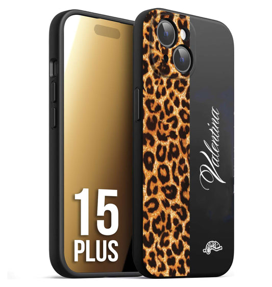 CUSTOMIZZA - Custodia cover nera morbida in tpu compatibile per iPhone 15 PLUS custom nome scritta leopardato maculato donna marrone leopard