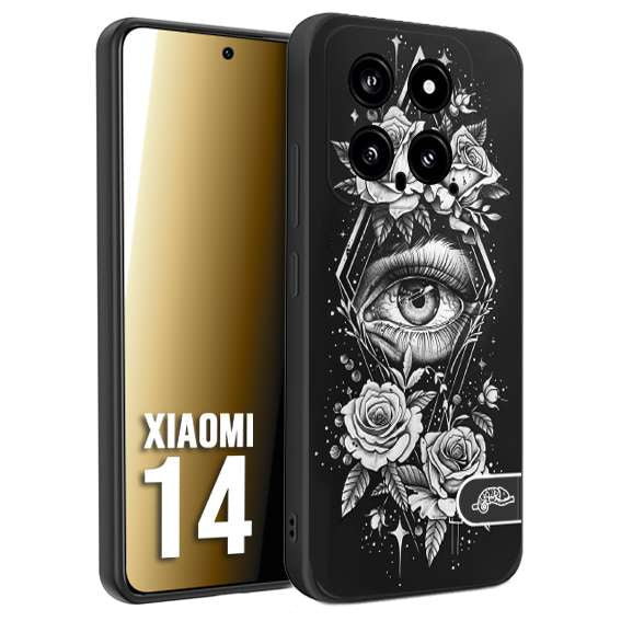 CUSTOMIZZA - Custodia cover nera morbida in tpu compatibile per Xiaomi 14 occhio fiori rombo geometrico black and white bianco a rilievo disegnato tattoo tatuaggio